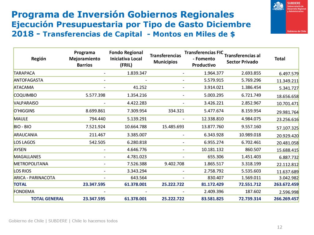 Programa de Inversión Gobiernos Regionales Ejecución Presupuestaria por Tipo de Gasto Diciembre