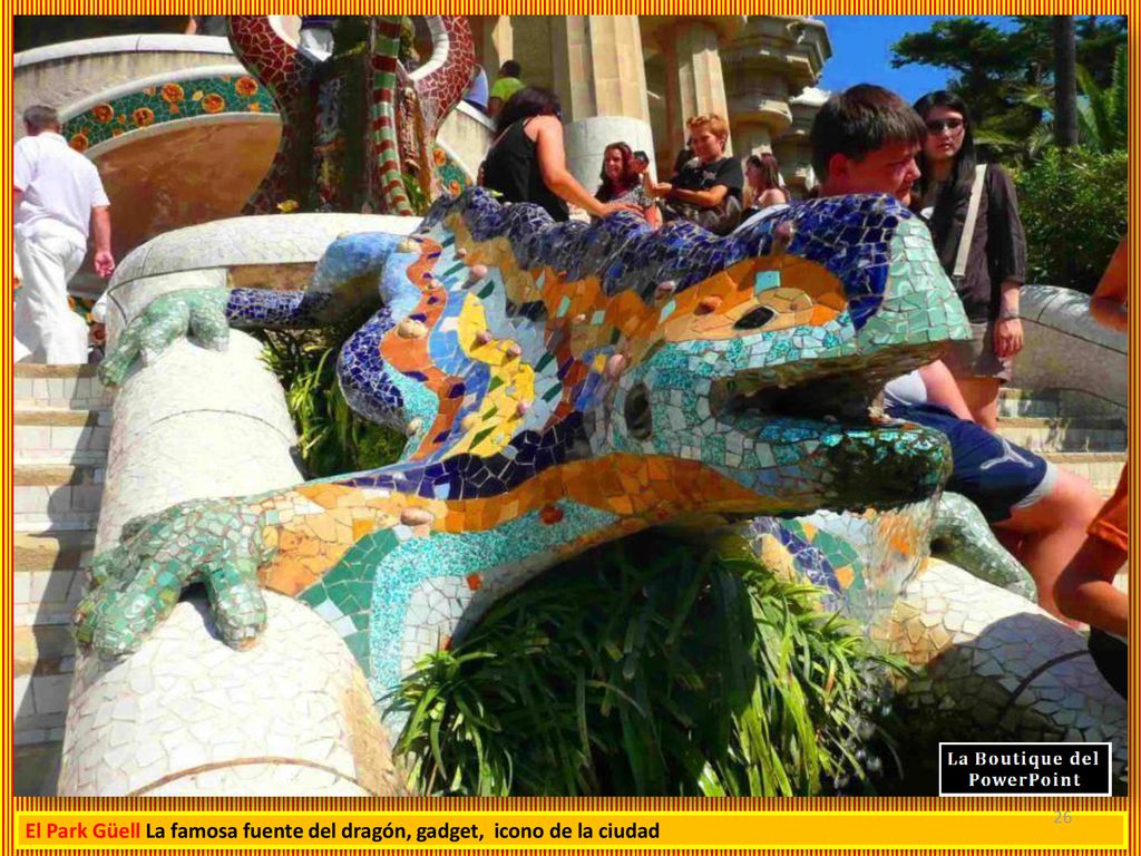 El Park Güell La famosa fuente del dragón, gadget, icono de la ciudad