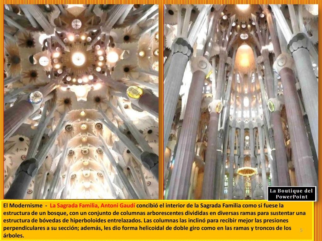 El Modernisme - La Sagrada Familia, Antoni Gaudí concibió el interior de la Sagrada Familia como si fuese la estructura de un bosque, con un conjunto de columnas arborescentes divididas en diversas ramas para sustentar una estructura de bóvedas de hiperboloides entrelazados.