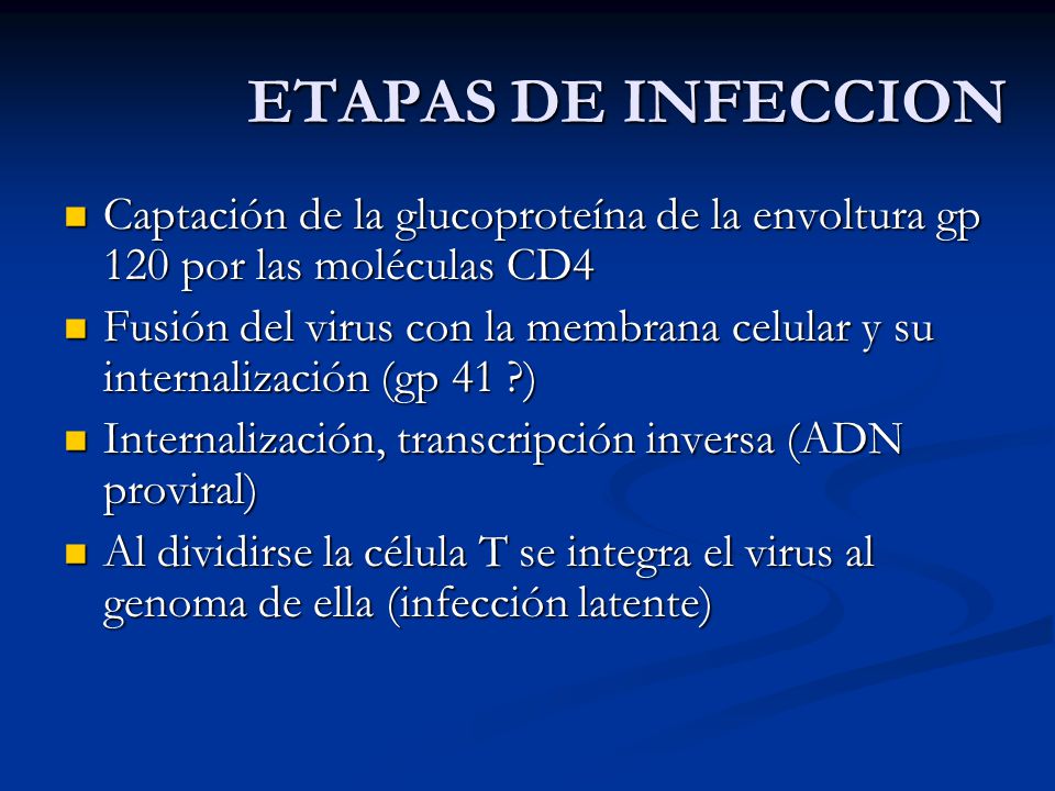 ETAPAS DE INFECCION Captación de la glucoproteína de la envoltura gp 120 por las moléculas CD4.