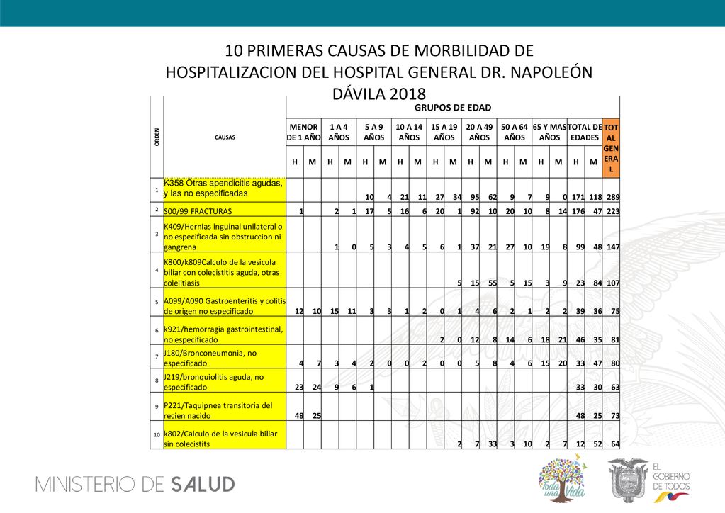 10 PRIMERAS CAUSAS DE MORBILIDAD DE HOSPITALIZACION DEL HOSPITAL GENERAL DR. NAPOLEÓN DÁVILA 2018