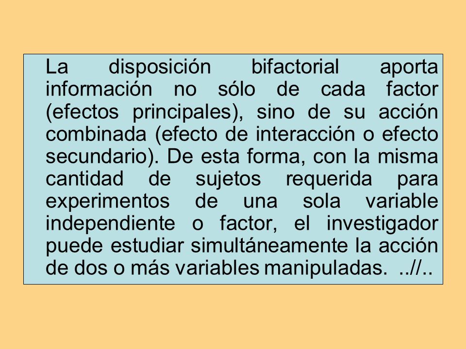 La disposición bifactorial aporta información no sólo de cada factor (efectos principales), sino de su acción combinada (efecto de interacción o efecto secundario).