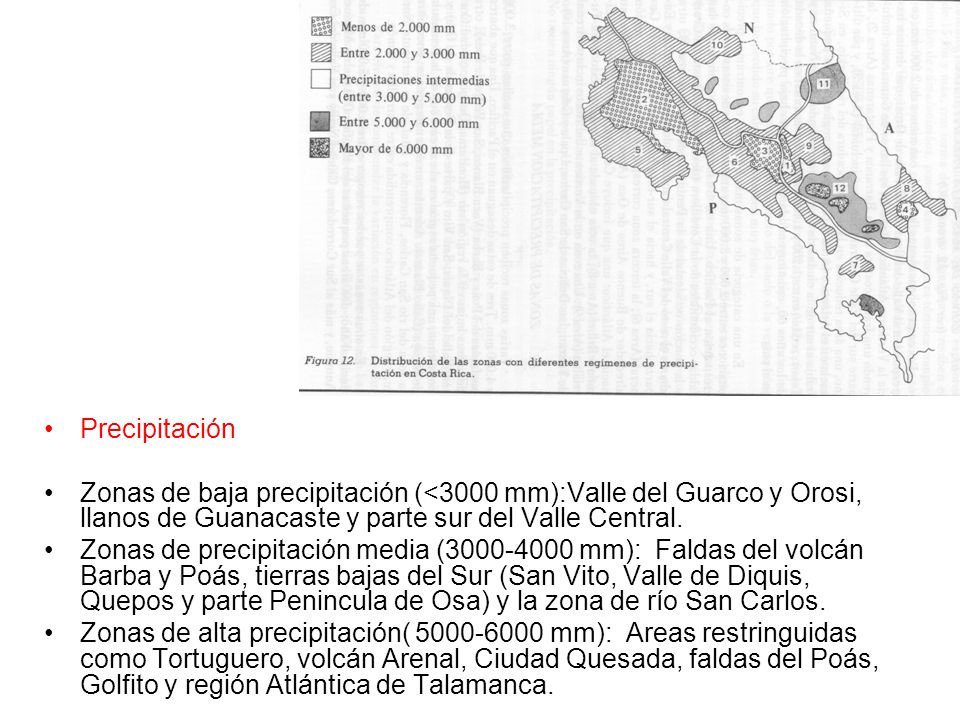 Precipitación Zonas de baja precipitación (<3000 mm):Valle del Guarco y Orosi, llanos de Guanacaste y parte sur del Valle Central.