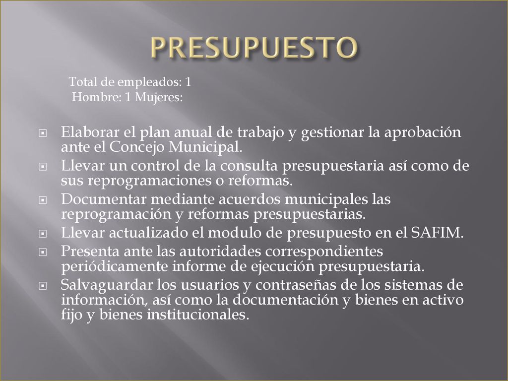 PRESUPUESTO Total de empleados: 1. Hombre: 1 Mujeres: Elaborar el plan anual de trabajo y gestionar la aprobación ante el Concejo Municipal.