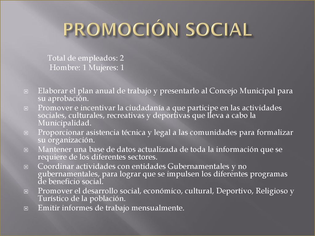 PROMOCIÓN SOCIAL Total de empleados: 2 Hombre: 1 Mujeres: 1