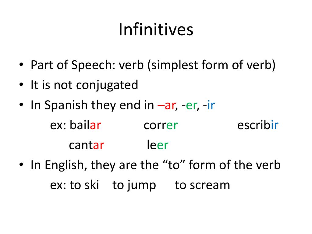 Infinitives Part of Speech: verb (simplest form of verb)