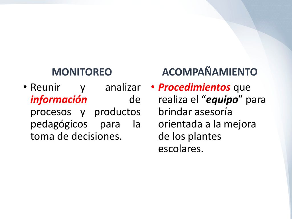 MONITOREO ACOMPAÑAMIENTO. Reunir y analizar información de procesos y productos pedagógicos para la toma de decisiones.