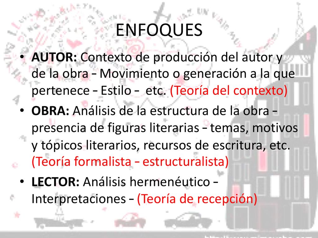 ENFOQUES AUTOR: Contexto de producción del autor y de la obra – Movimiento o generación a la que pertenece – Estilo – etc. (Teoría del contexto)