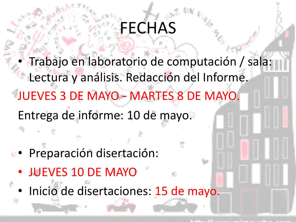 FECHAS Trabajo en laboratorio de computación / sala: Lectura y análisis. Redacción del Informe. JUEVES 3 DE MAYO – MARTES 8 DE MAYO.