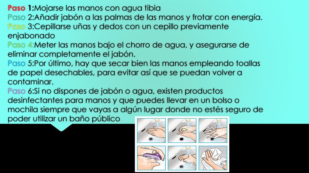 Paso 1:Mojarse las manos con agua tibia Paso 2:Añadir jabón a las palmas de las manos y frotar con energía.