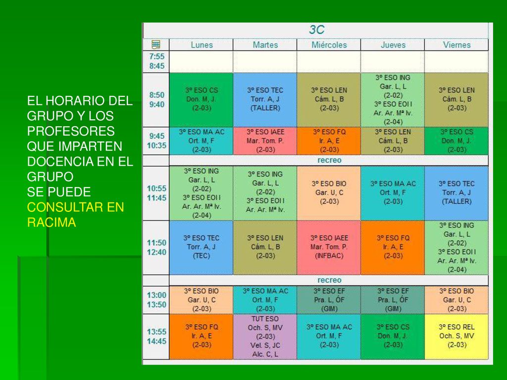 EL HORARIO DEL GRUPO Y LOS PROFESORES QUE IMPARTEN DOCENCIA EN EL GRUPO