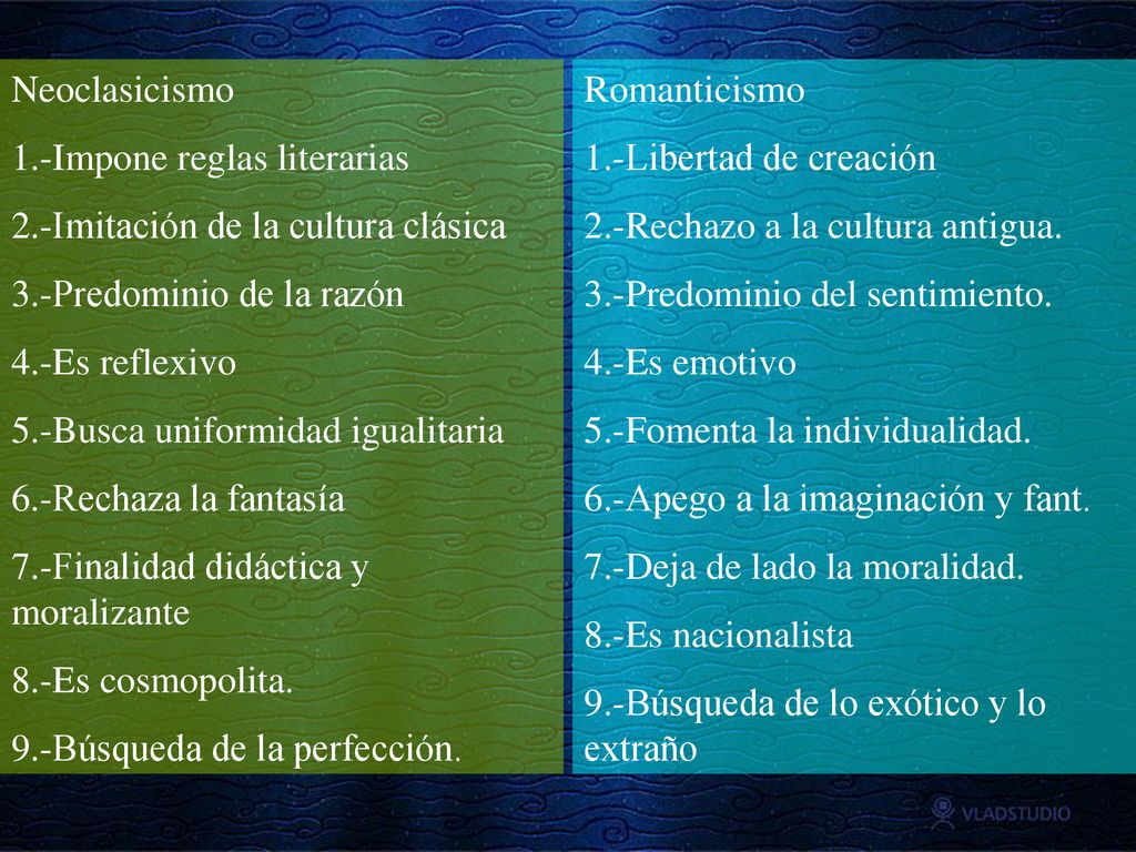 Neoclasicismo 1.-Impone reglas literarias. 2.-Imitación de la cultura clásica. 3.-Predominio de la razón.