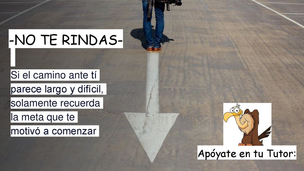 -NO TE RINDAS- Si el camino ante tí parece largo y difícil, solamente recuerda la meta que te motivó a comenzar.