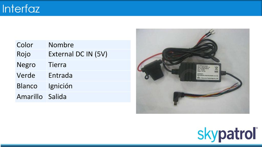 Interfaz Color Nombre Rojo External DC IN (5V) Negro Tierra Verde