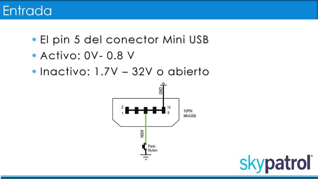 Entrada El pin 5 del conector Mini USB Activo: 0V- 0.8 V
