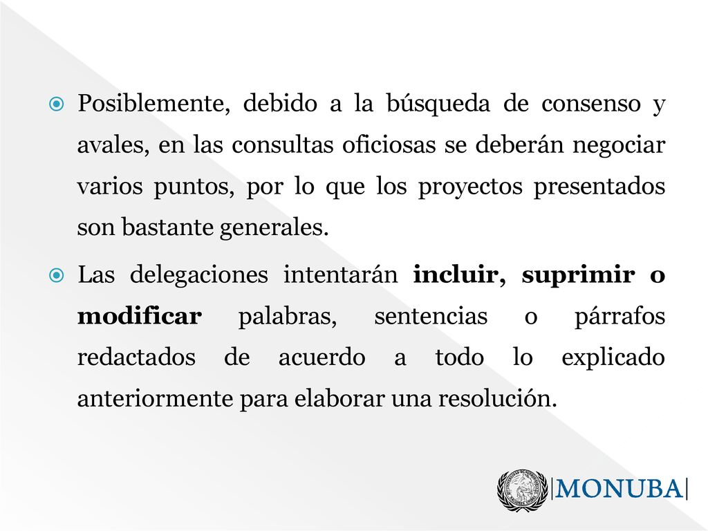 Posiblemente, debido a la búsqueda de consenso y avales, en las consultas oficiosas se deberán negociar varios puntos, por lo que los proyectos presentados son bastante generales.