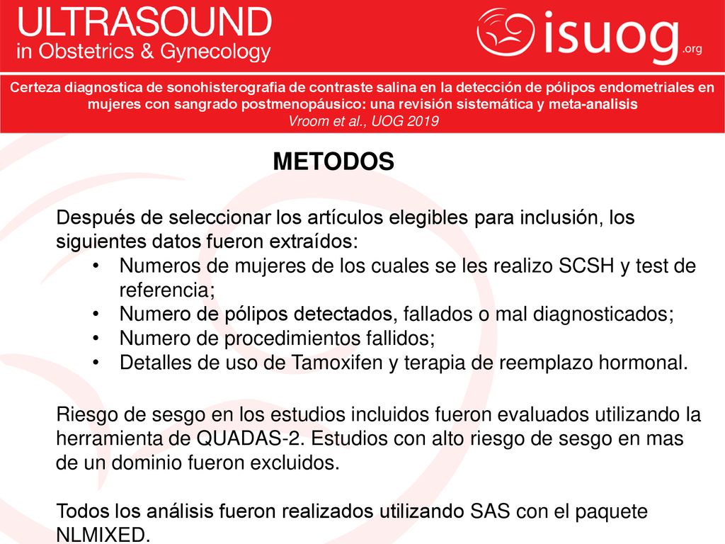 Certeza diagnostica de sonohisterografia de contraste salina en la detección de pólipos endometriales en mujeres con sangrado postmenopáusico: una revisión sistemática y meta-analisis