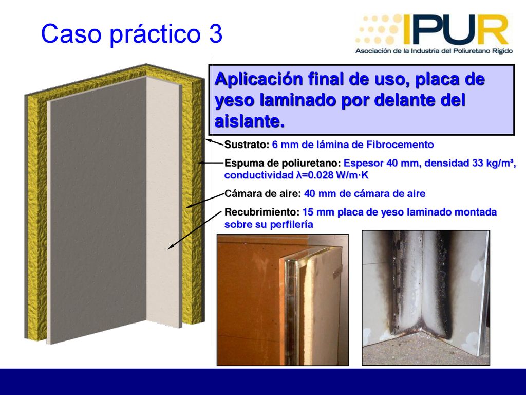 Caso práctico 3 Aplicación final de uso, placa de yeso laminado por delante del aislante. Sustrato: 6 mm de lámina de Fibrocemento.