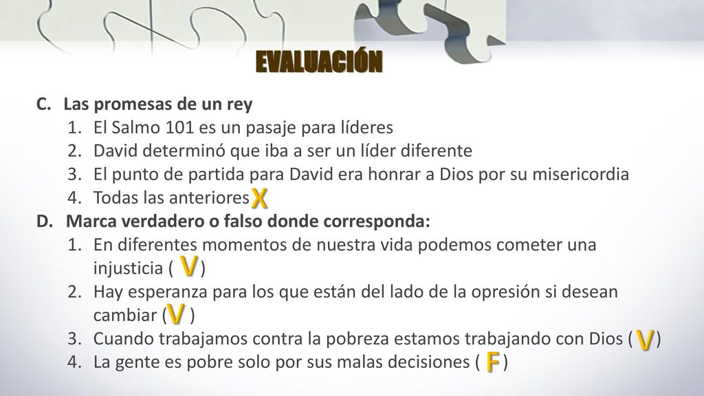 X V V V F EVALUACIÓN Las promesas de un rey