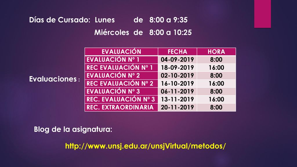 Días de Cursado: Lunes de 8:00 a 9:35 Miércoles de 8:00 a 10:25