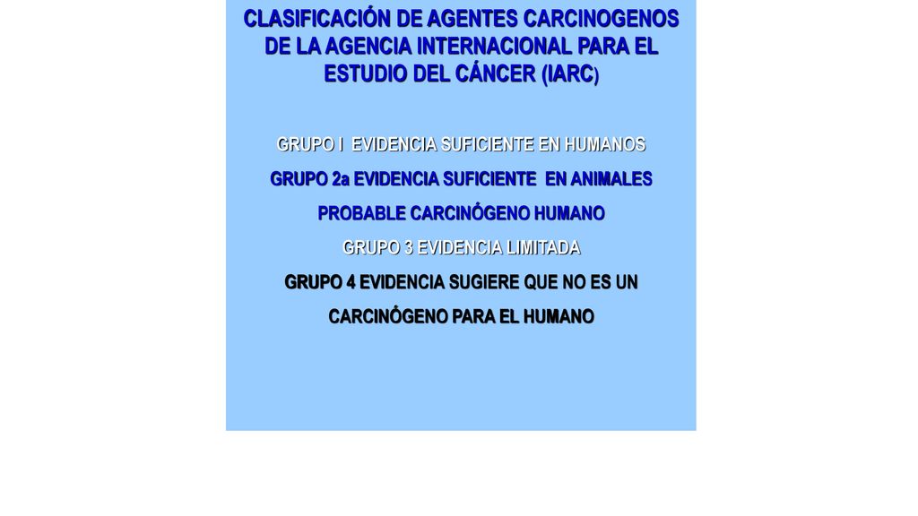 CLASIFICACIÓN DE AGENTES CARCINOGENOS DE LA AGENCIA INTERNACIONAL PARA EL ESTUDIO DEL CÁNCER (IARC)