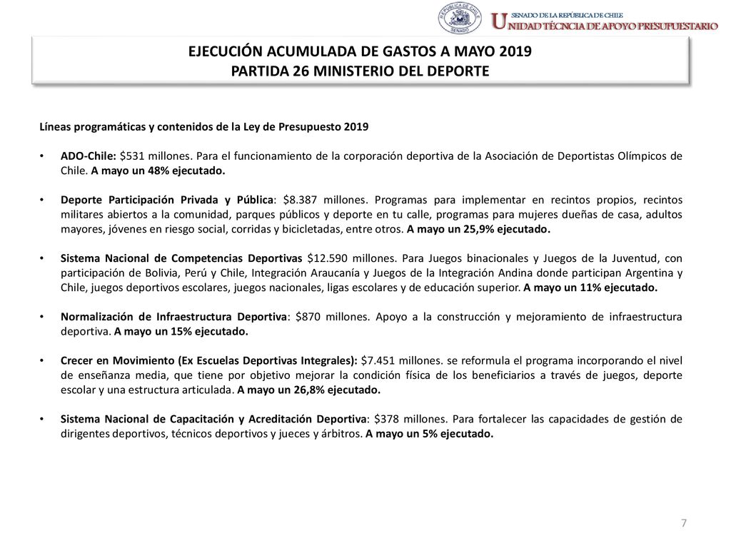 EJECUCIÓN ACUMULADA DE GASTOS A MAYO 2019 PARTIDA 26 MINISTERIO DEL DEPORTE