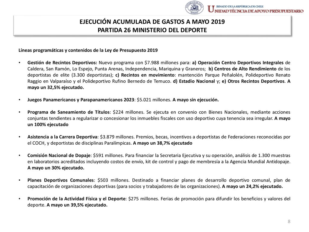EJECUCIÓN ACUMULADA DE GASTOS A MAYO 2019 PARTIDA 26 MINISTERIO DEL DEPORTE