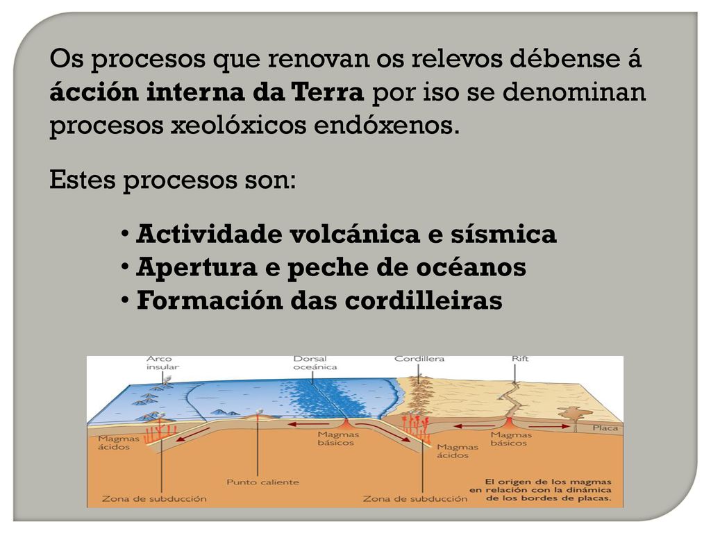 Os procesos que renovan os relevos débense á ácción interna da Terra por iso se denominan procesos xeolóxicos endóxenos.