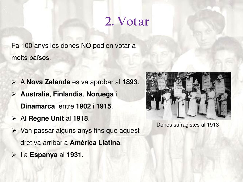 2. Votar Fa 100 anys les dones NO podien votar a molts països.