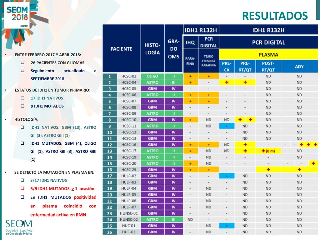 RESULTADOS ENTRE FEBRERO 2017 Y ABRIL 2018: 26 PACIENTES CON GLIOMAS