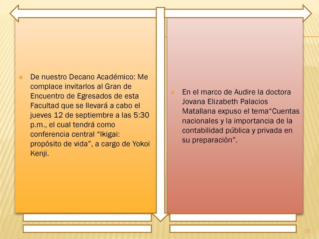 De nuestro Decano Académico: Me complace invitarlos al Gran de Encuentro de Egresados de esta Facultad que se llevará a cabo el jueves 12 de septiembre a las 5:30 p.m., el cual tendrá como conferencia central Ikigai: propósito de vida , a cargo de Yokoi Kenji.