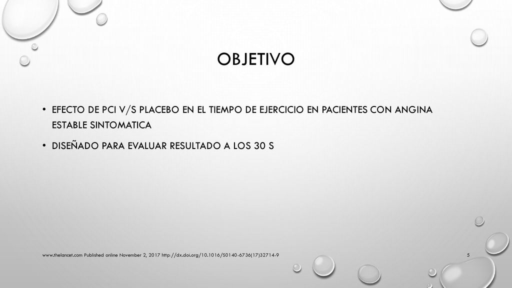 Objetivo Efecto de PCI v/s placebo en el tiempo de ejercicio en pacientes con angina estable sintomatica.