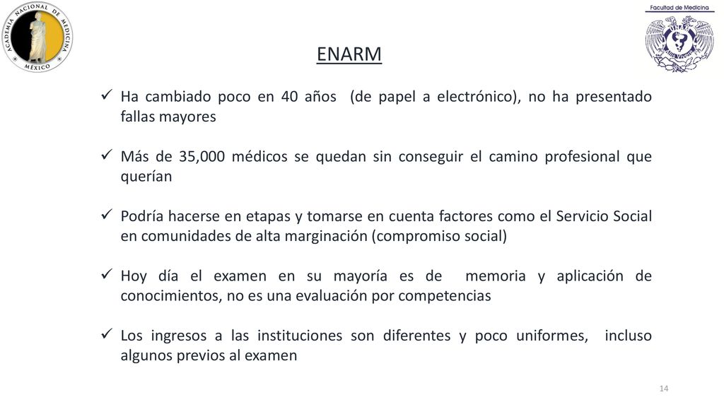 ENARM Ha cambiado poco en 40 años (de papel a electrónico), no ha presentado fallas mayores.