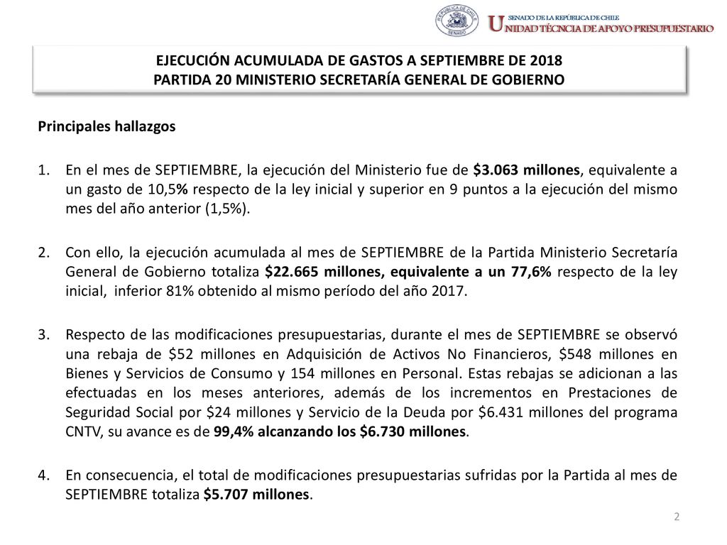 EJECUCIÓN ACUMULADA DE GASTOS A SEPTIEMBRE DE 2018 PARTIDA 20 MINISTERIO SECRETARÍA GENERAL DE GOBIERNO