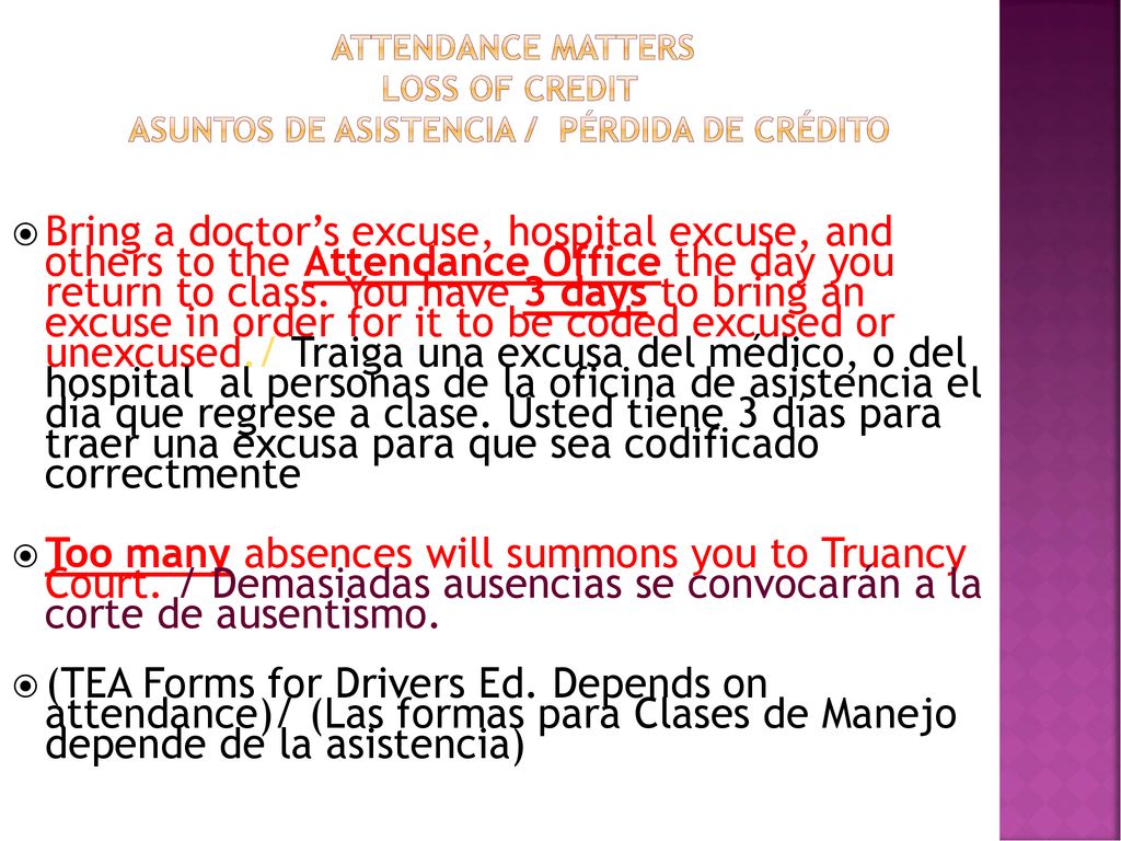 attendance matters Loss of Credit Asuntos de asistencia / pérdida de crédito
