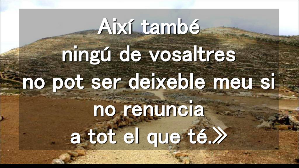 Així també ningú de vosaltres no pot ser deixeble meu si no renuncia a tot el que té.»