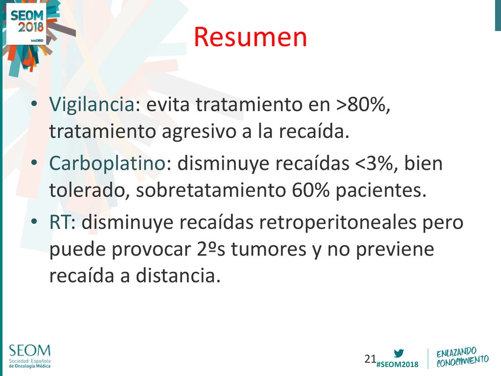 Resumen Vigilancia: evita tratamiento en >80%, tratamiento agresivo a la recaída.