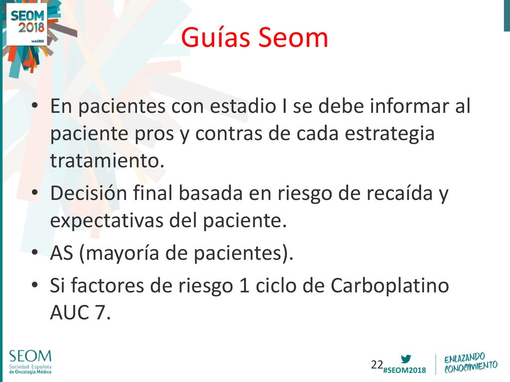 Guías Seom En pacientes con estadio I se debe informar al paciente pros y contras de cada estrategia tratamiento.