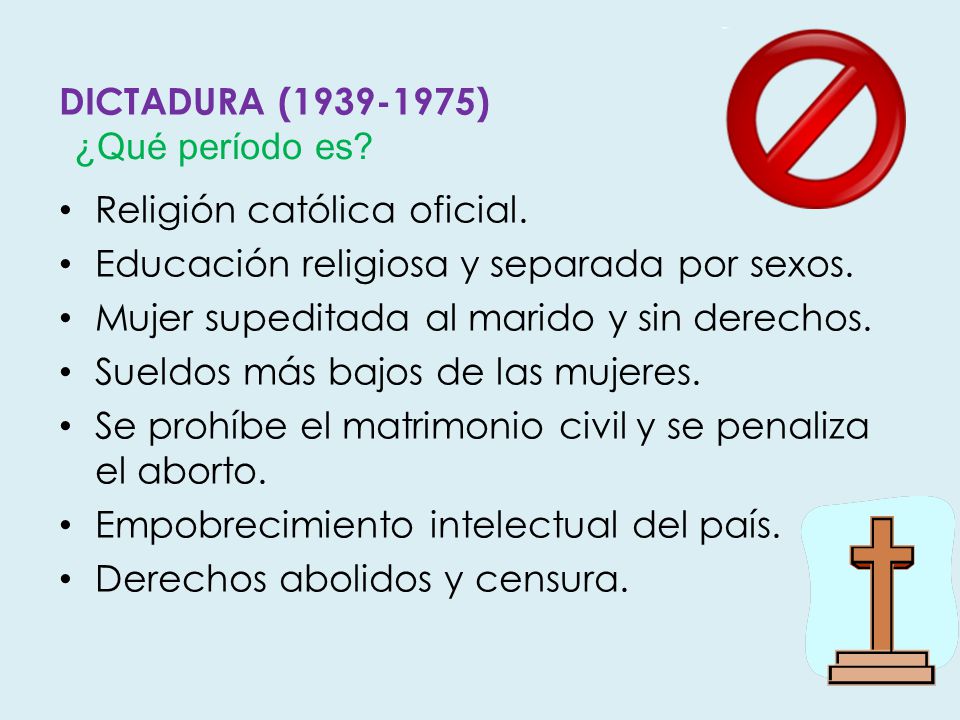 Religión católica oficial. Educación religiosa y separada por sexos.