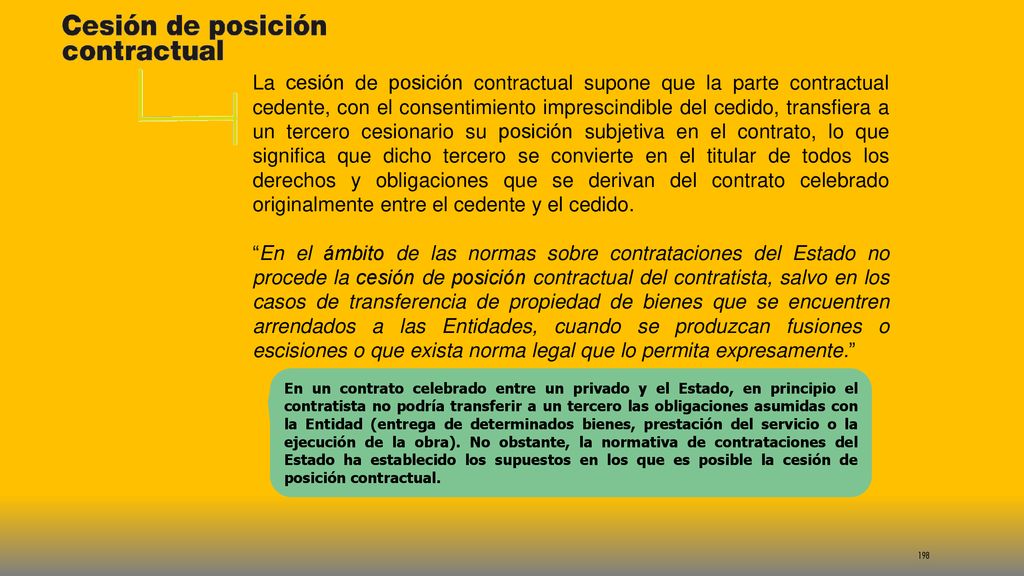 La cesión de posición contractual supone que la parte contractual cedente, con el consentimiento imprescindible del cedido, transfiera a un tercero cesionario su posición subjetiva en el contrato, lo que significa que dicho tercero se convierte en el titular de todos los derechos y obligaciones que se derivan del contrato celebrado originalmente entre el cedente y el cedido.