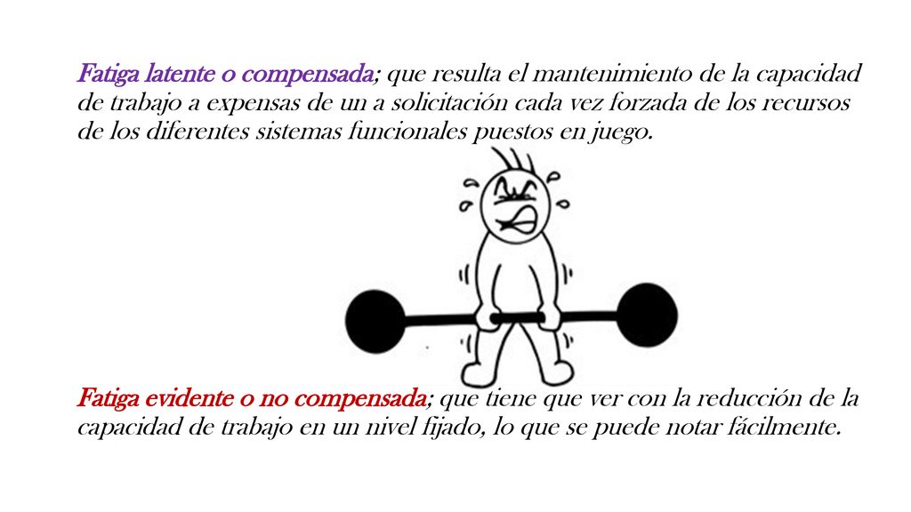 Fatiga latente o compensada; que resulta el mantenimiento de la capacidad de trabajo a expensas de un a solicitación cada vez forzada de los recursos de los diferentes sistemas funcionales puestos en juego.