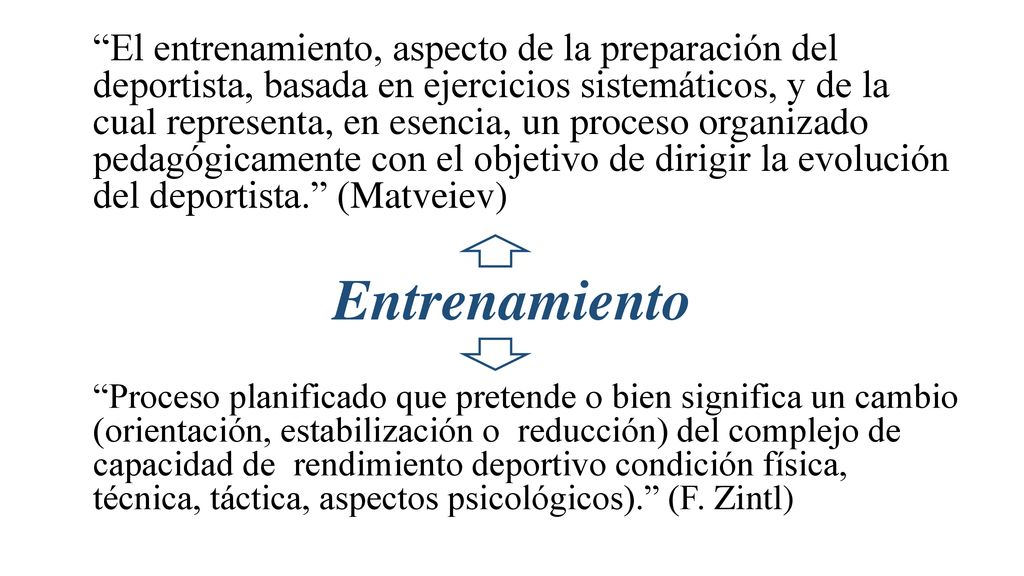 El entrenamiento, aspecto de la preparación del deportista, basada en ejercicios sistemáticos, y de la cual representa, en esencia, un proceso organizado pedagógicamente con el objetivo de dirigir la evolución del deportista. (Matveiev)