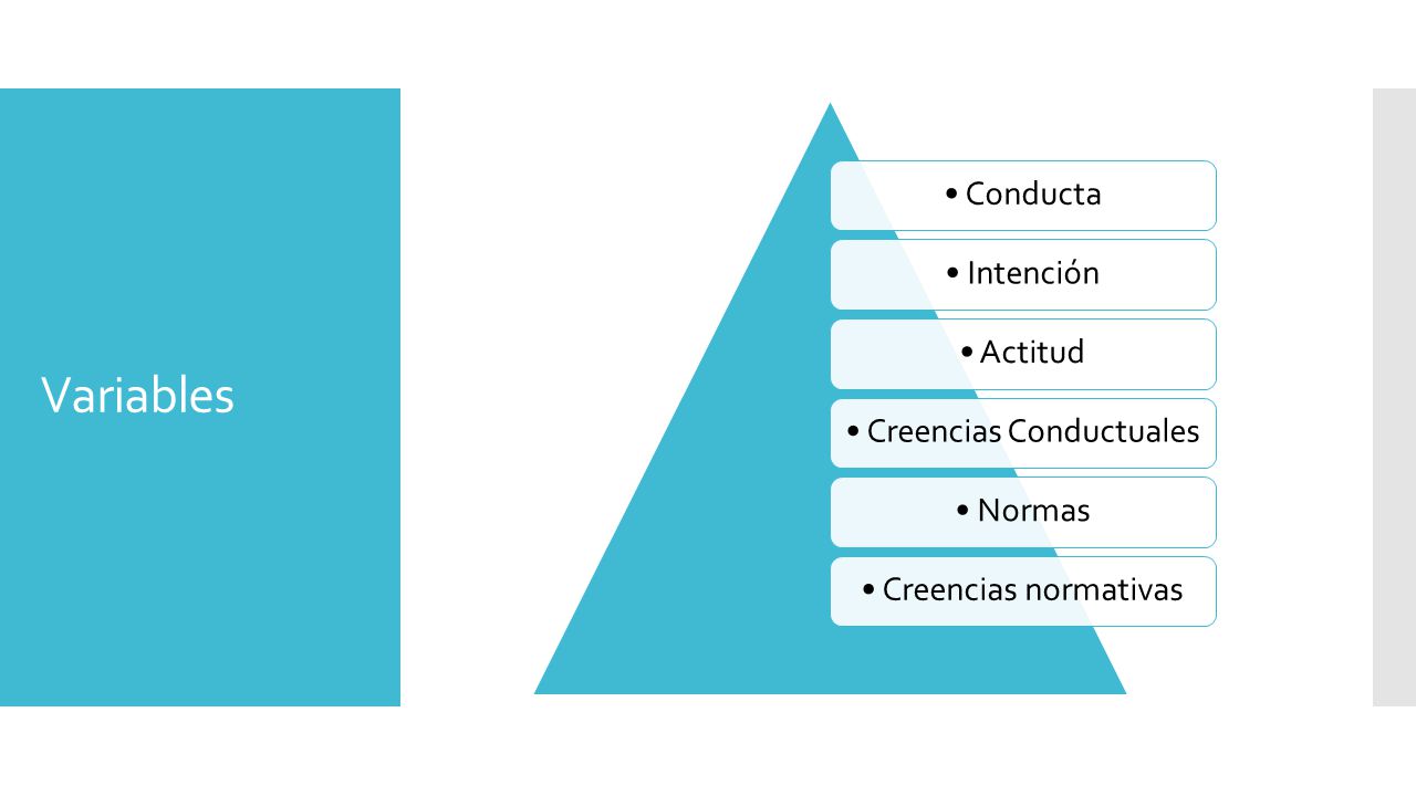 Variables • Conducta • Intención • Actitud • Creencias Conductuales
