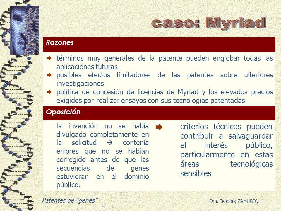 caso: Myriad Razones. términos muy generales de la patente pueden englobar todas las aplicaciones futuras.