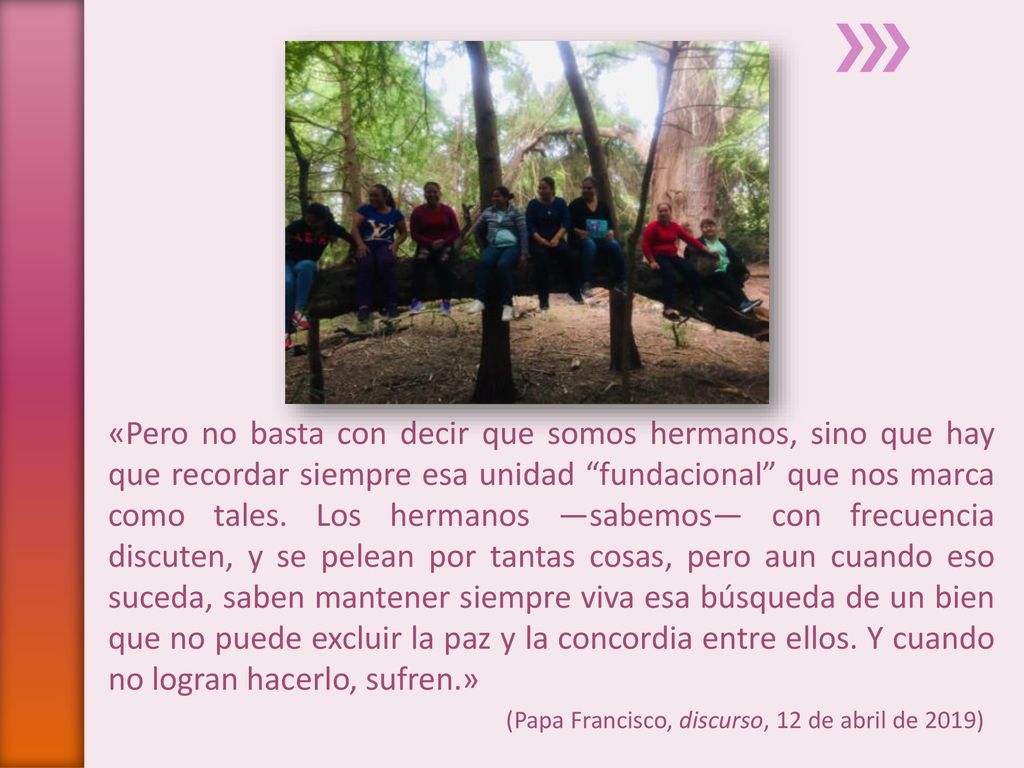 «Pero no basta con decir que somos hermanos, sino que hay que recordar siempre esa unidad fundacional que nos marca como tales. Los hermanos —sabemos— con frecuencia discuten, y se pelean por tantas cosas, pero aun cuando eso suceda, saben mantener siempre viva esa búsqueda de un bien que no puede excluir la paz y la concordia entre ellos. Y cuando no logran hacerlo, sufren.»