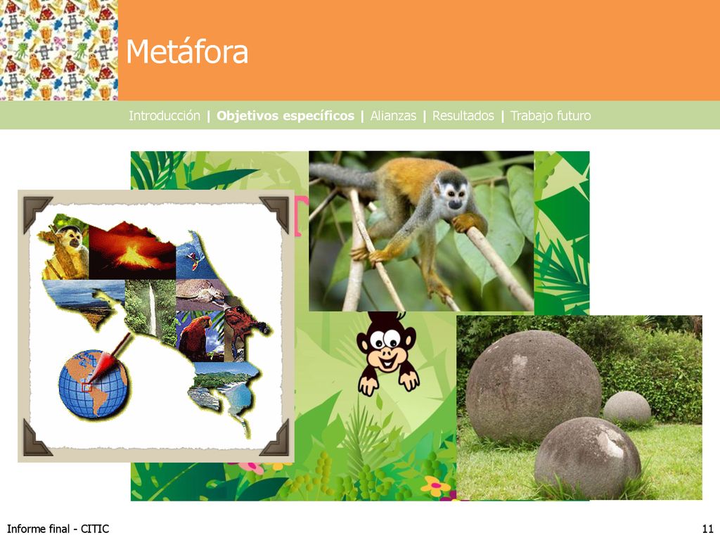 Metáfora Introducción | Objetivos específicos | Alianzas | Resultados | Trabajo futuro. Establecer el título del cuento.