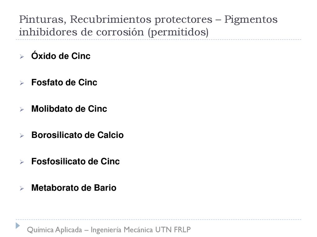 Pinturas, Recubrimientos protectores – Pigmentos inhibidores de corrosión (permitidos)
