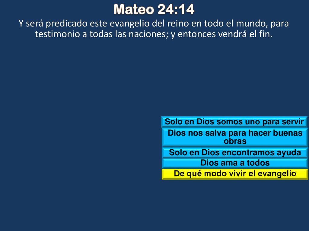 Mateo 24:14 Y será predicado este evangelio del reino en todo el mundo, para testimonio a todas las naciones; y entonces vendrá el fin.