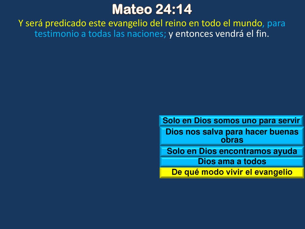 Mateo 24:14 Y será predicado este evangelio del reino en todo el mundo, para testimonio a todas las naciones; y entonces vendrá el fin.