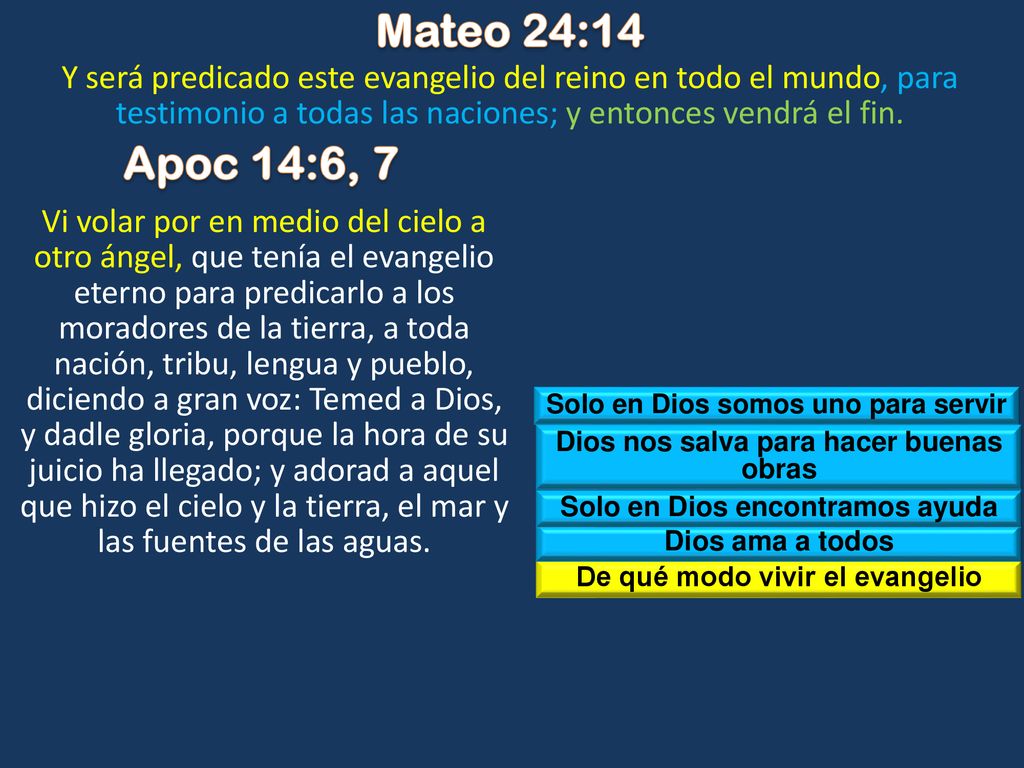 Mateo 24:14 Y será predicado este evangelio del reino en todo el mundo, para testimonio a todas las naciones; y entonces vendrá el fin.